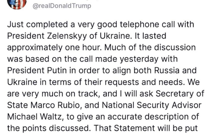 Трамп назвав розмову з Зеленським дуже хорошою. Вона тривала близько години, обговорили вчорашню бесіду з Путіним